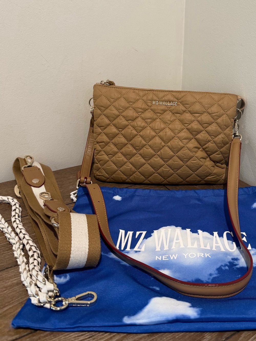 MZ WALLACE Crosby Pippa Quilted Crossbody Shoulder Bag, Caramel 3 Straps Nylon